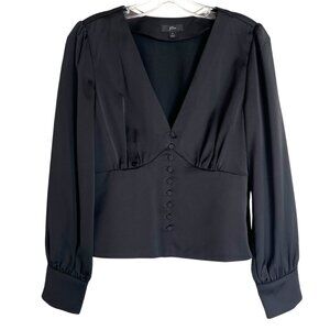 J Crew Black Deep V-Neck Empire Waist Long Sleeve Satin Blouse Top Sz 2